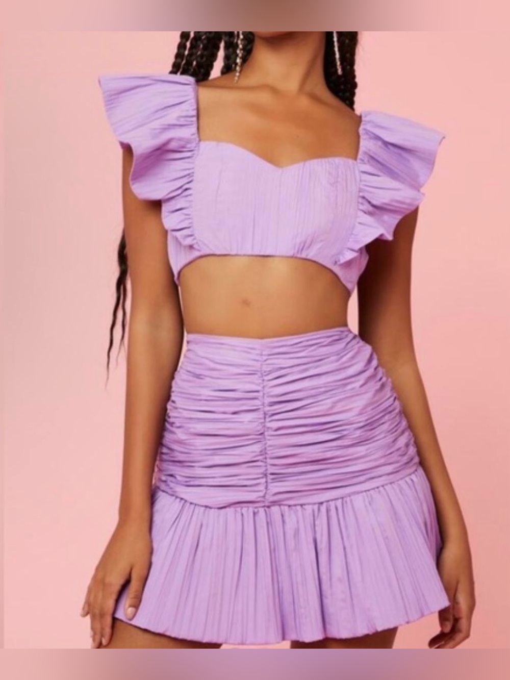 Forever21 2pc Coquette Lavender Ruffle Crop Top and Ruched Mini Skirt Set Size L
